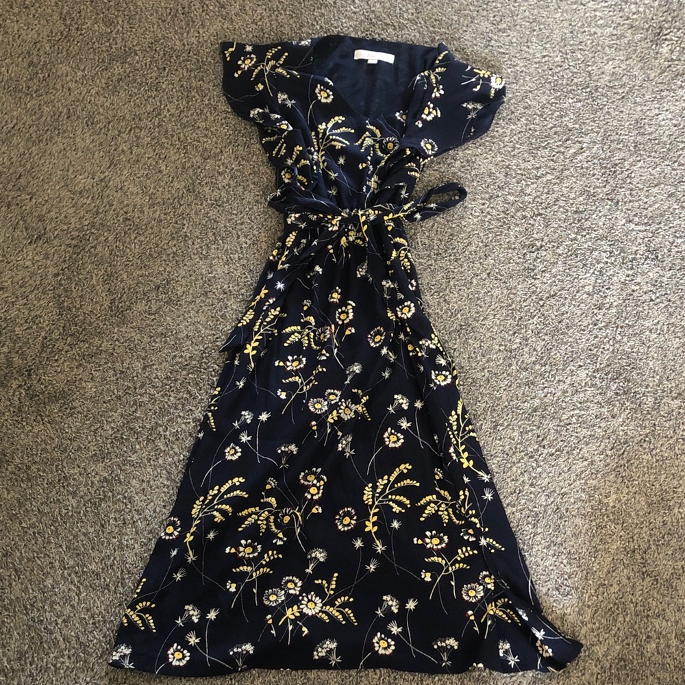 LOFT Navy Floral Wrap Maxi Dress with Yellow Accents